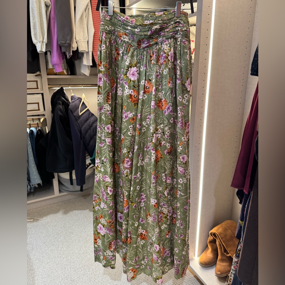 Anthropologie Floral Print Maxi Pants in Green and Pink